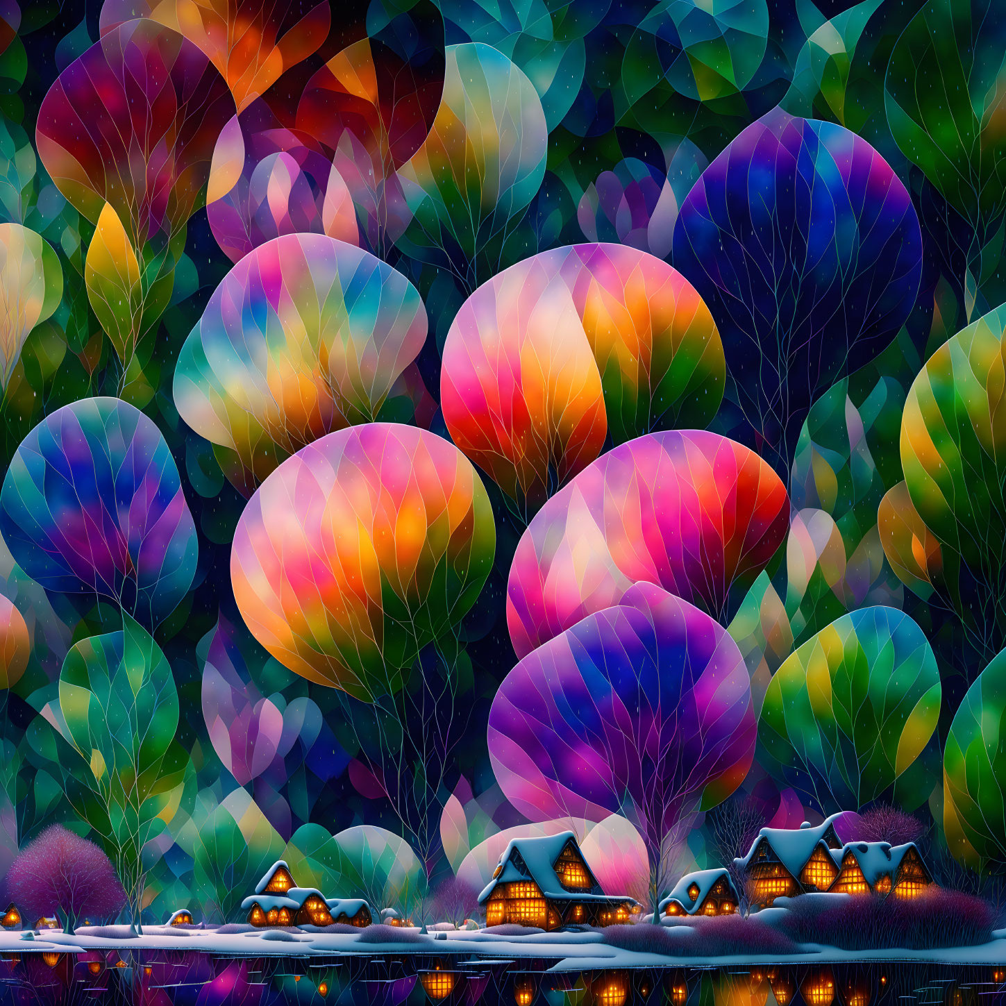 Colorful Digital Art: Whimsical Tree Canopies & Illuminated Cottages