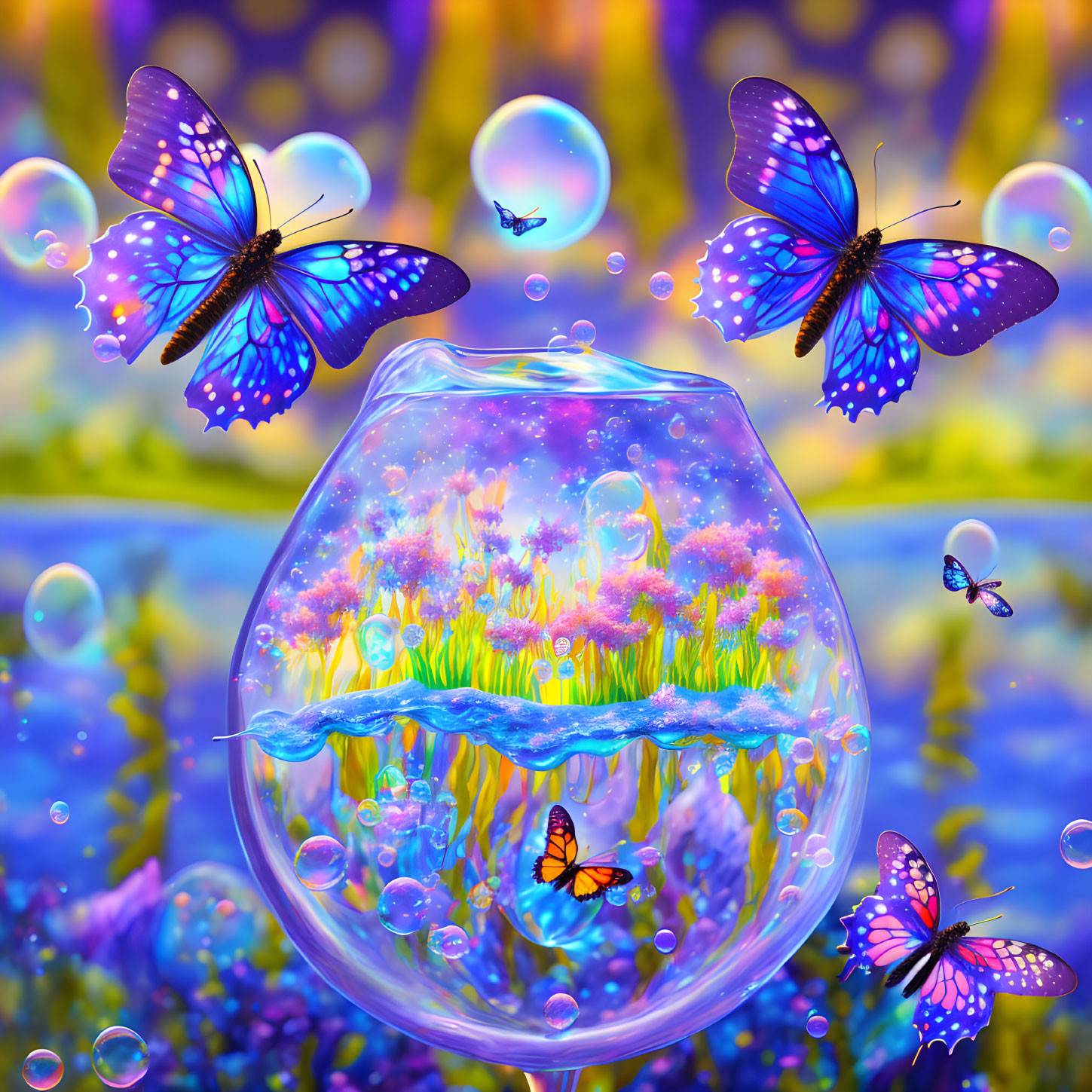 Colorful digital art: Glass bowl with tiny landscape, blue butterflies, and bubbles