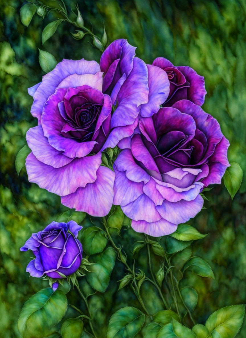 Vibrant painting of three purple roses on textured dark green background