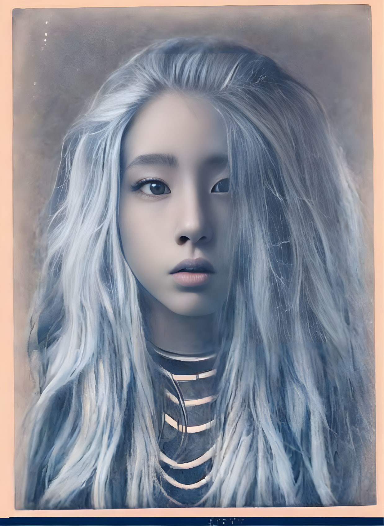 Striking portrait with voluminous silver hair and captivating eyes