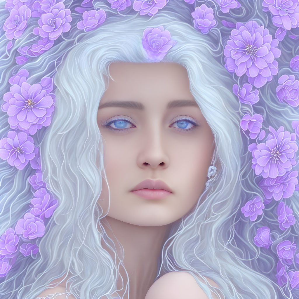 Digital Artwork: Woman with Pale Skin, Blue Eyes, White Hair, and Purple Flowers