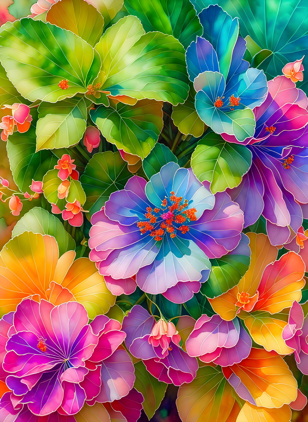 Multicolored digital flowers with vibrant hues and stamens