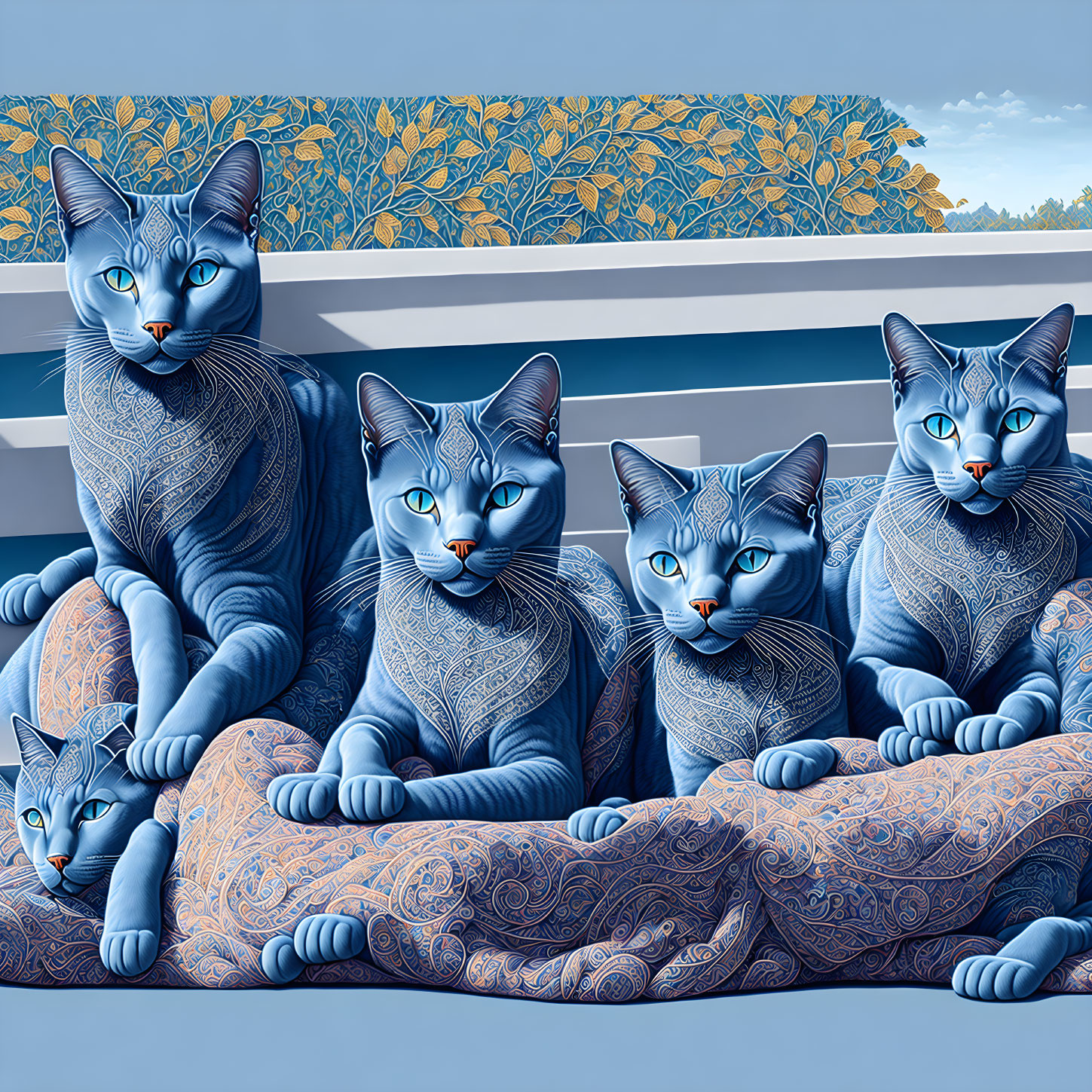 Five stylized blue cats on patterned sofa against floral background