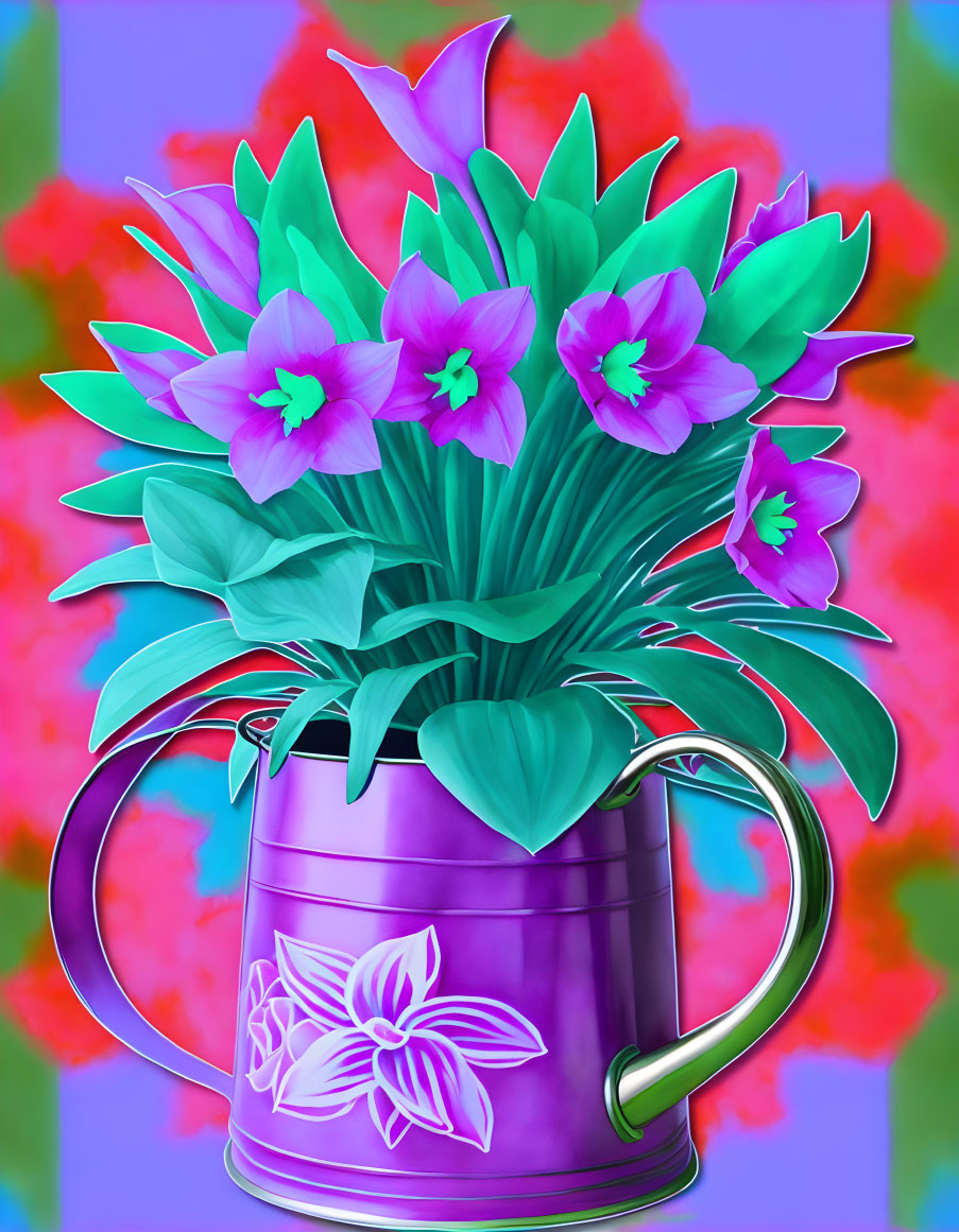 Colorful Pink and Purple Flower Bouquet in Floral Purple Vase on Blue and Red Background