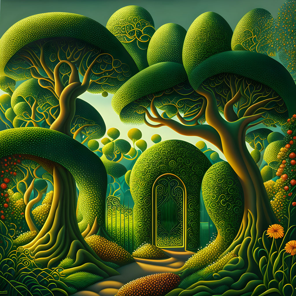 Whimsical forest scene with ornate green trees and mysterious door