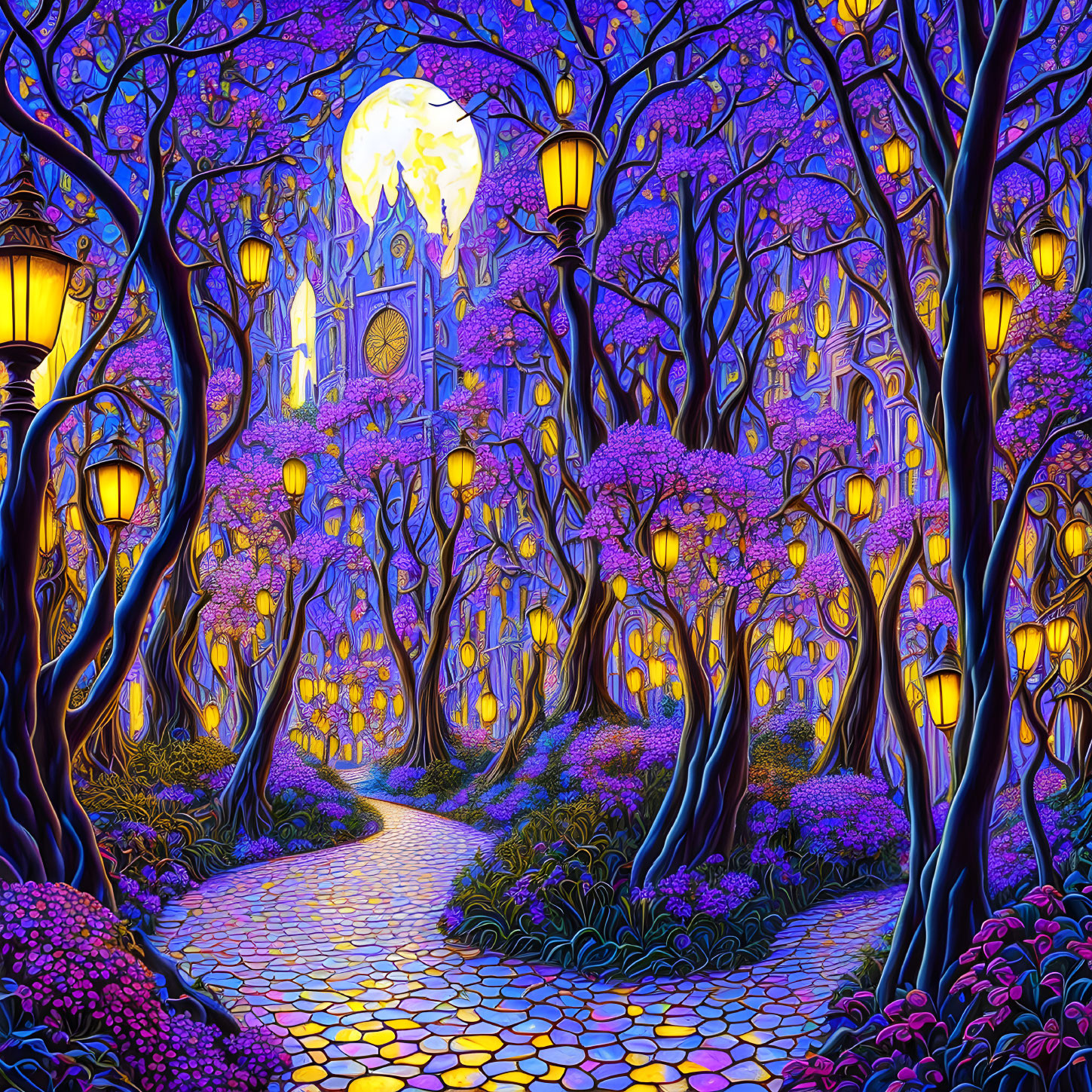 Enchanted fantasy pathway with purple trees, cobblestone path, lanterns, and castle under