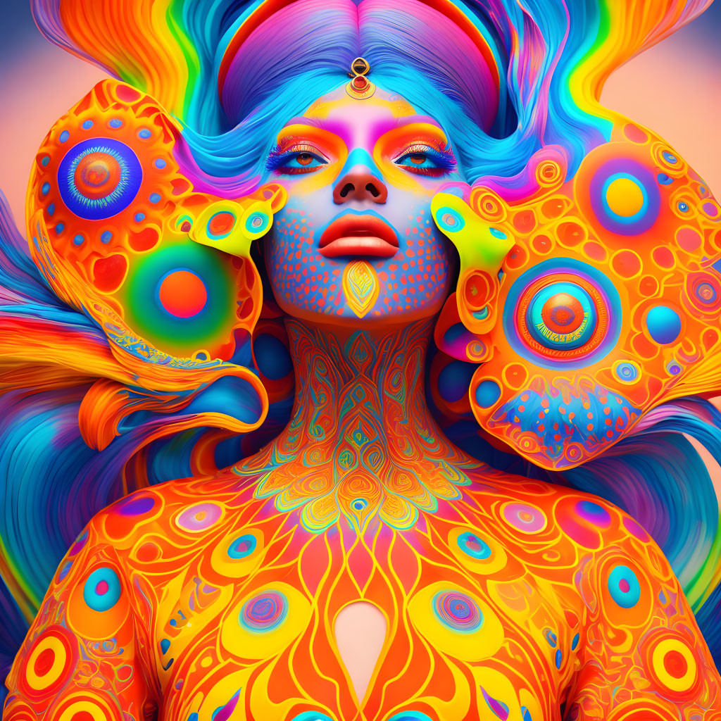 Colorful digital artwork of woman with psychedelic patterns and surreal background.