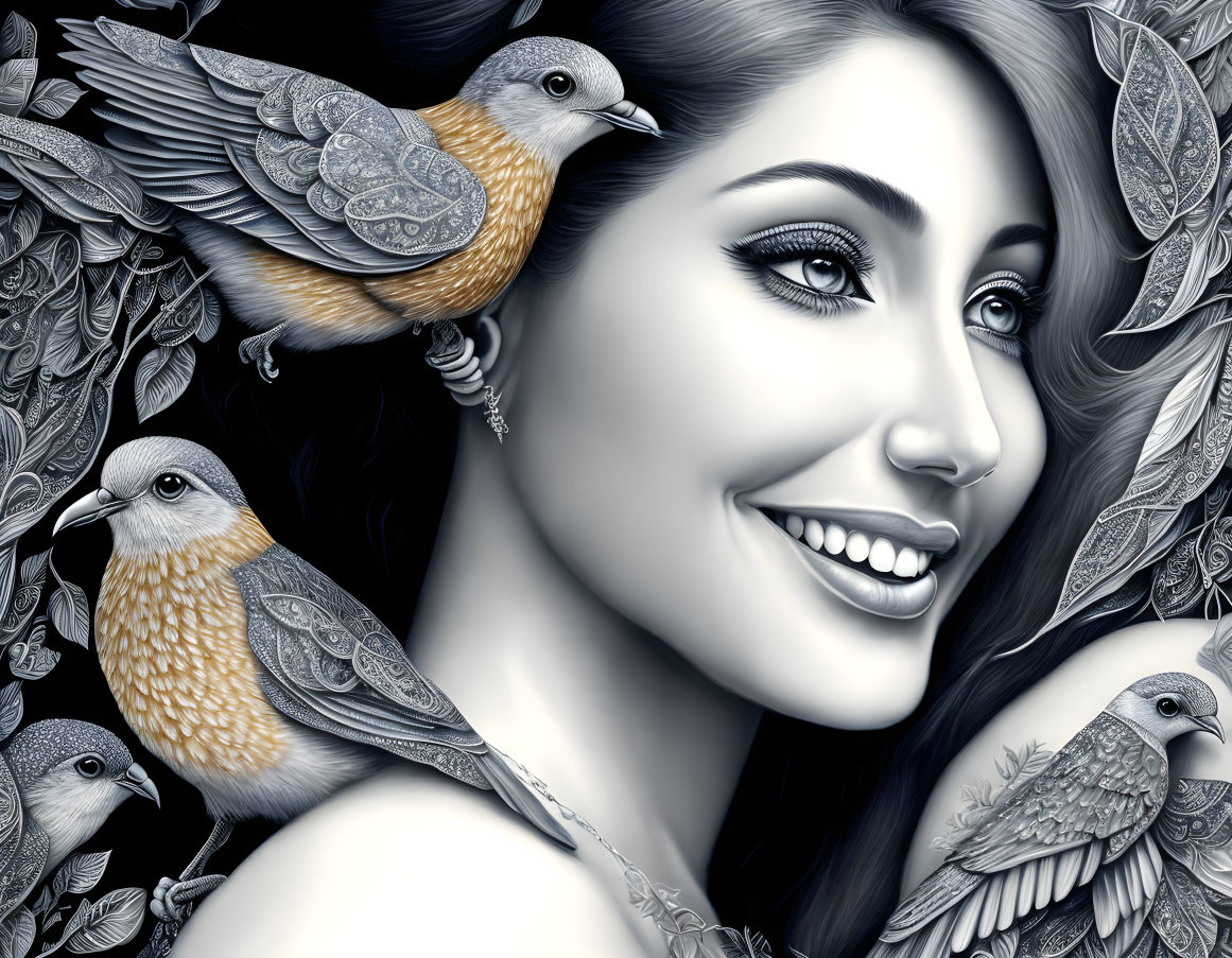 Detailed grayscale illustration of smiling woman with birds and foliage, subtle orange accents