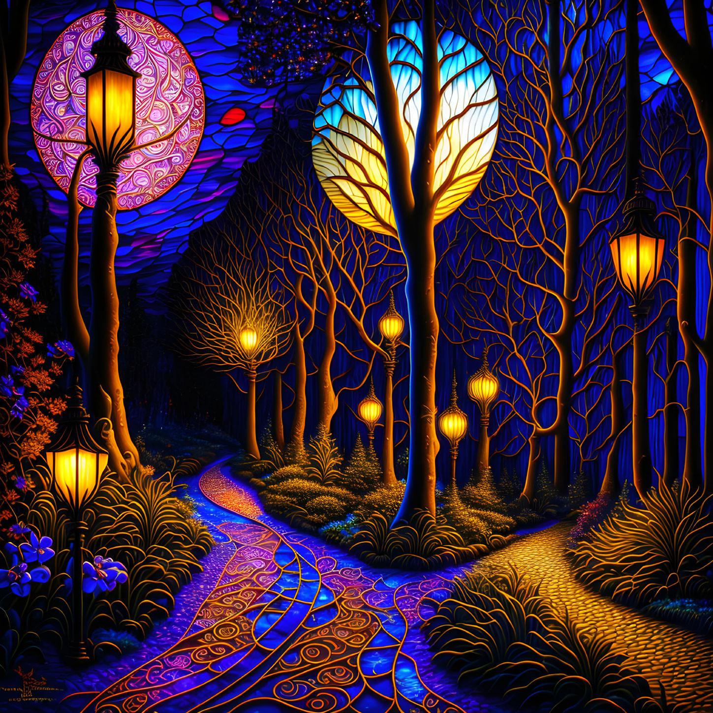 Whimsical forest path painting with glowing lanterns and colorful flora