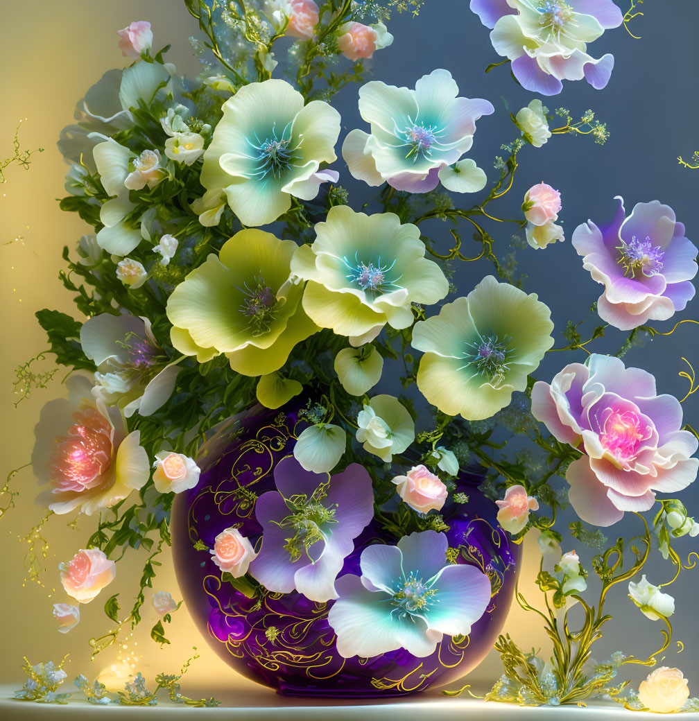 Colorful digital artwork: Purple vase with pink, yellow, and white flowers on golden background