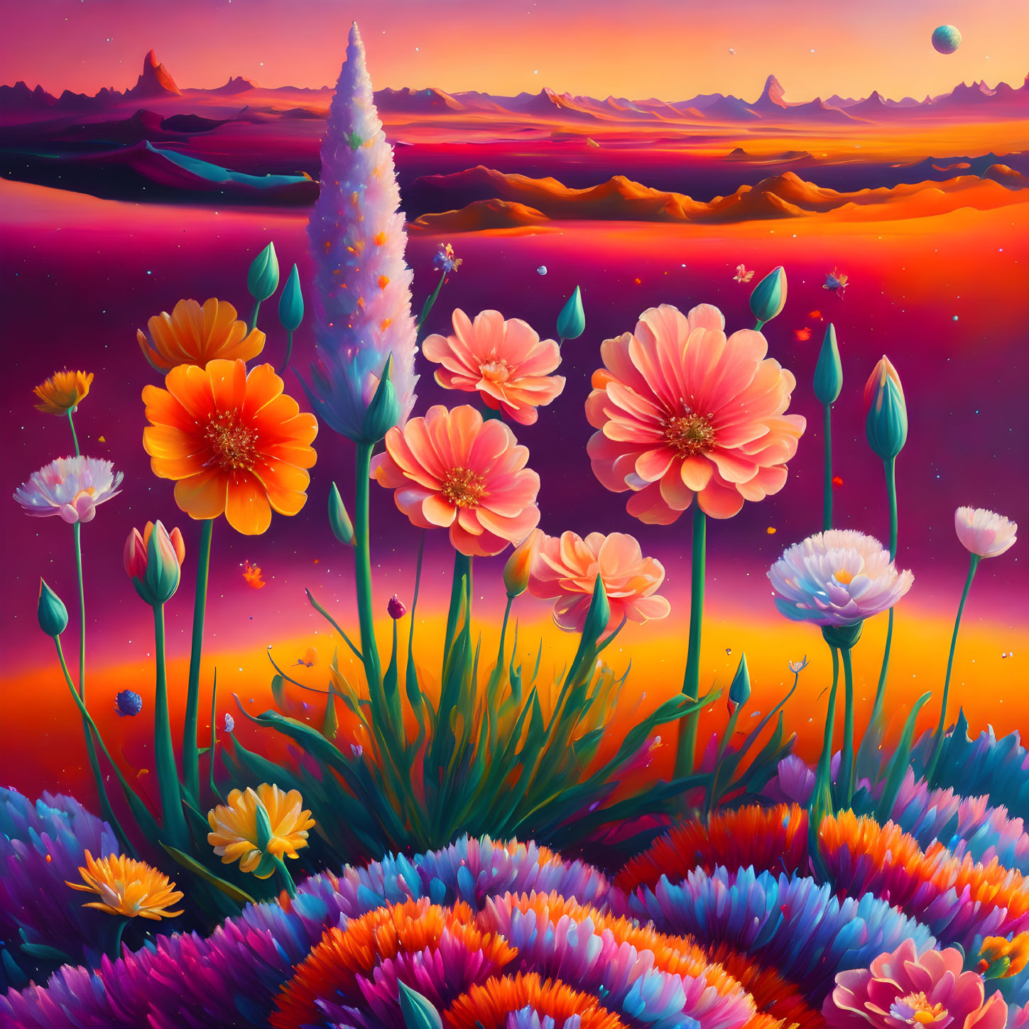 Colorful flowers in surreal landscape under purple sky.