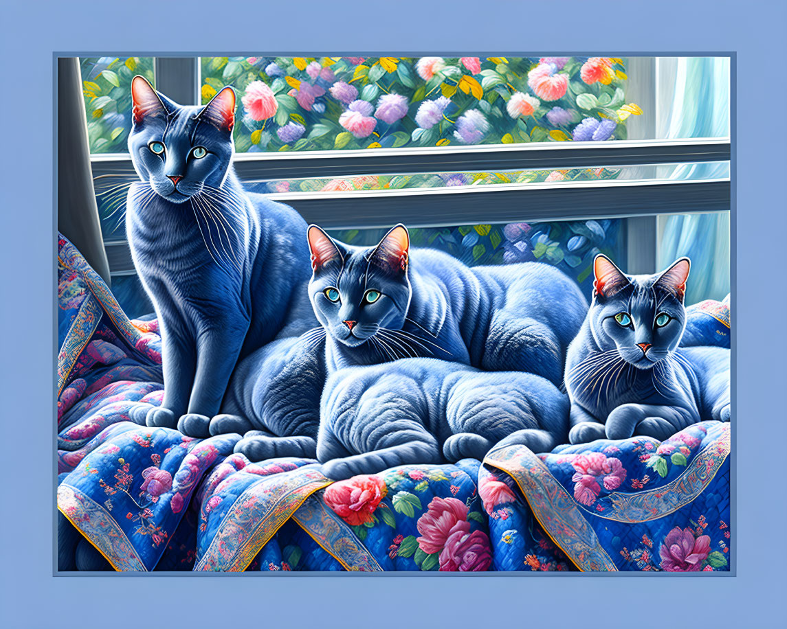 Three Blue Cats with Yellow Eyes on Floral Couch by Window