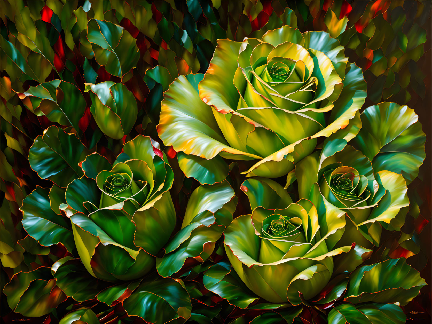 Colorful painting of green cabbage roses on dark, leafy background