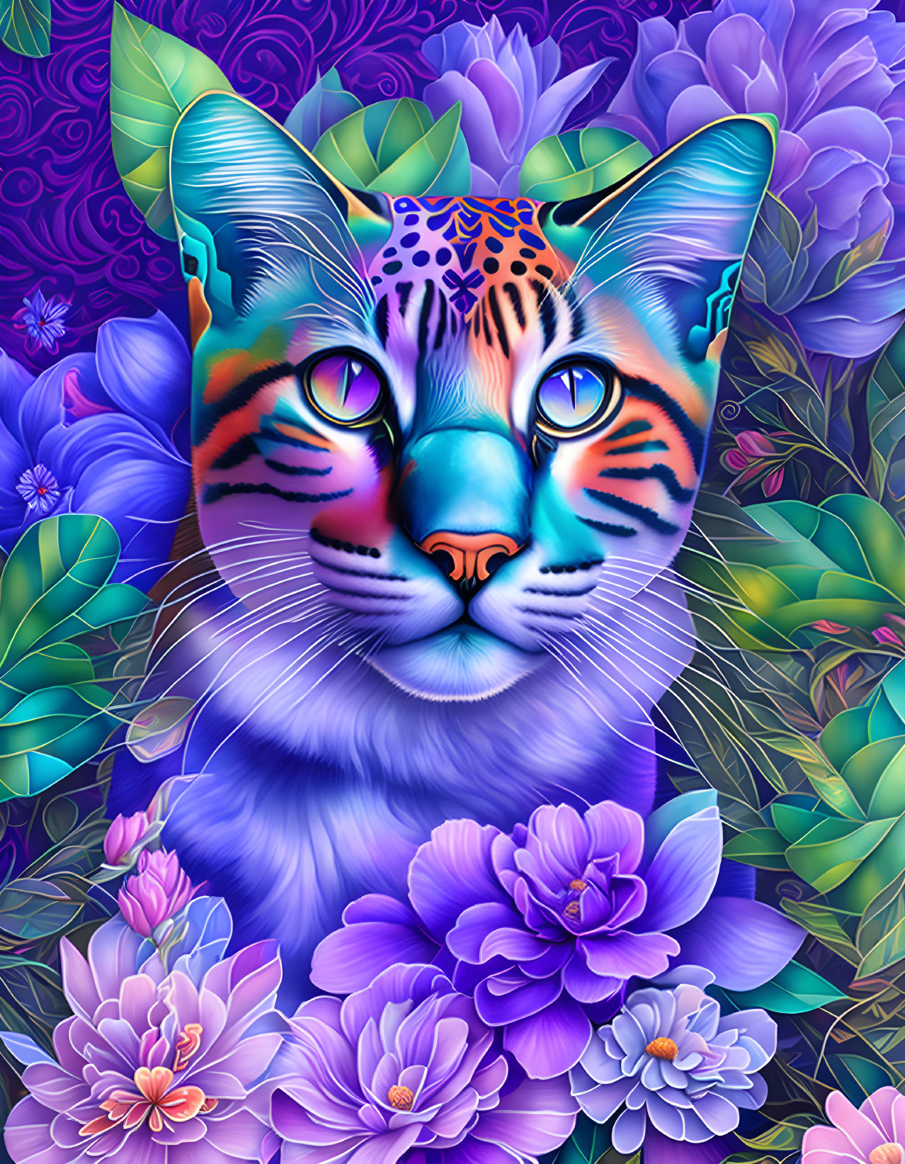 Vibrant Cat Face Illustration with Floral Patterns on Purple Background