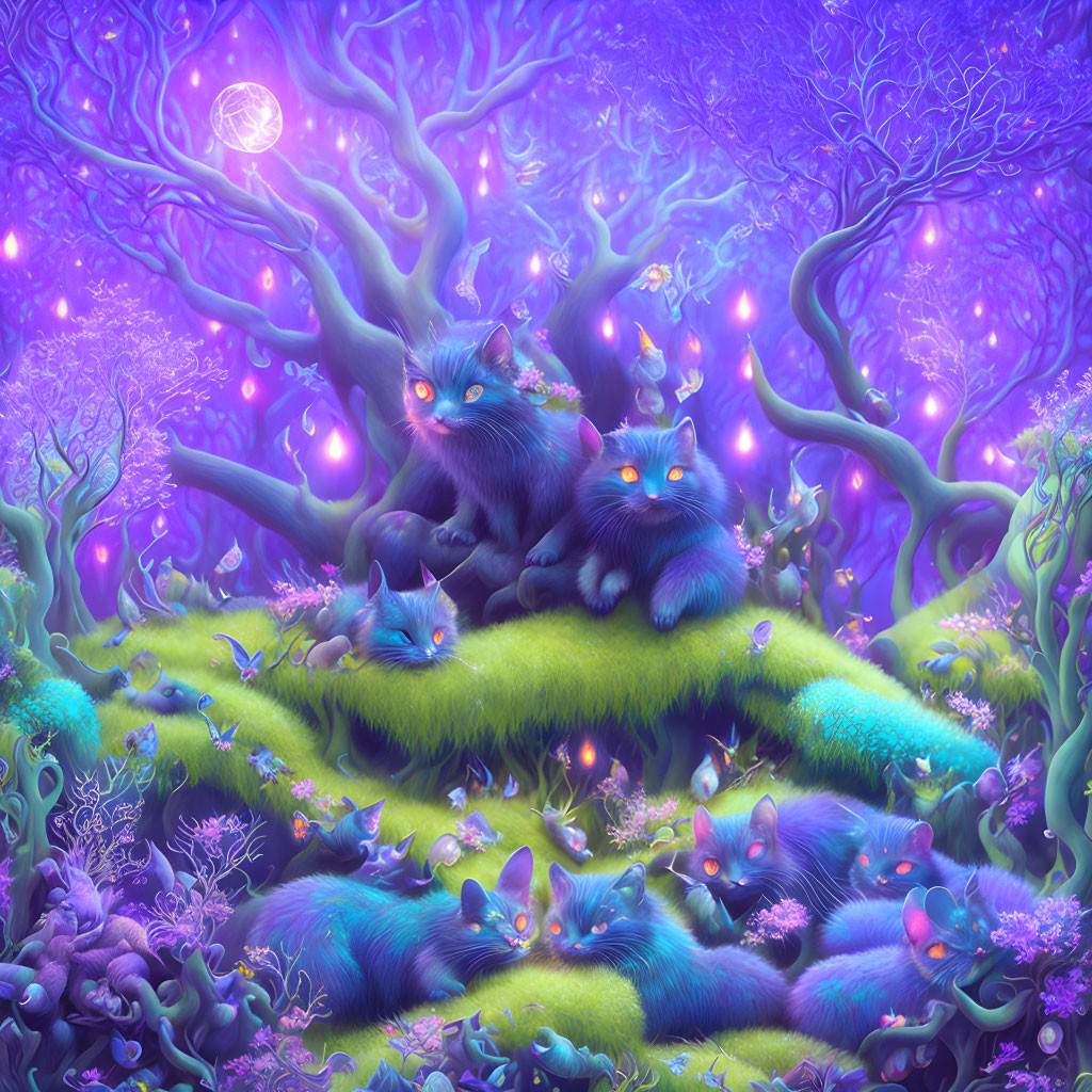 Vibrant blue cats in purple forest under mystic moon