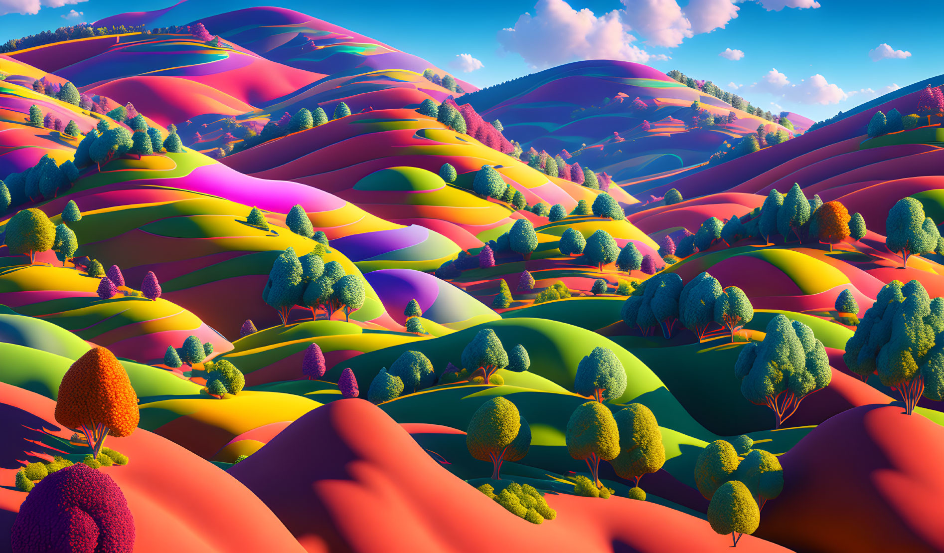 Surreal landscape: vibrant hills in purple, red, and yellow with colorful trees