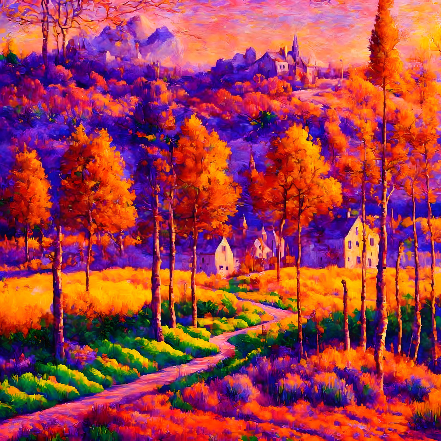 Fiery Orange and Yellow Autumn Landscape with Winding Path and Quaint Houses