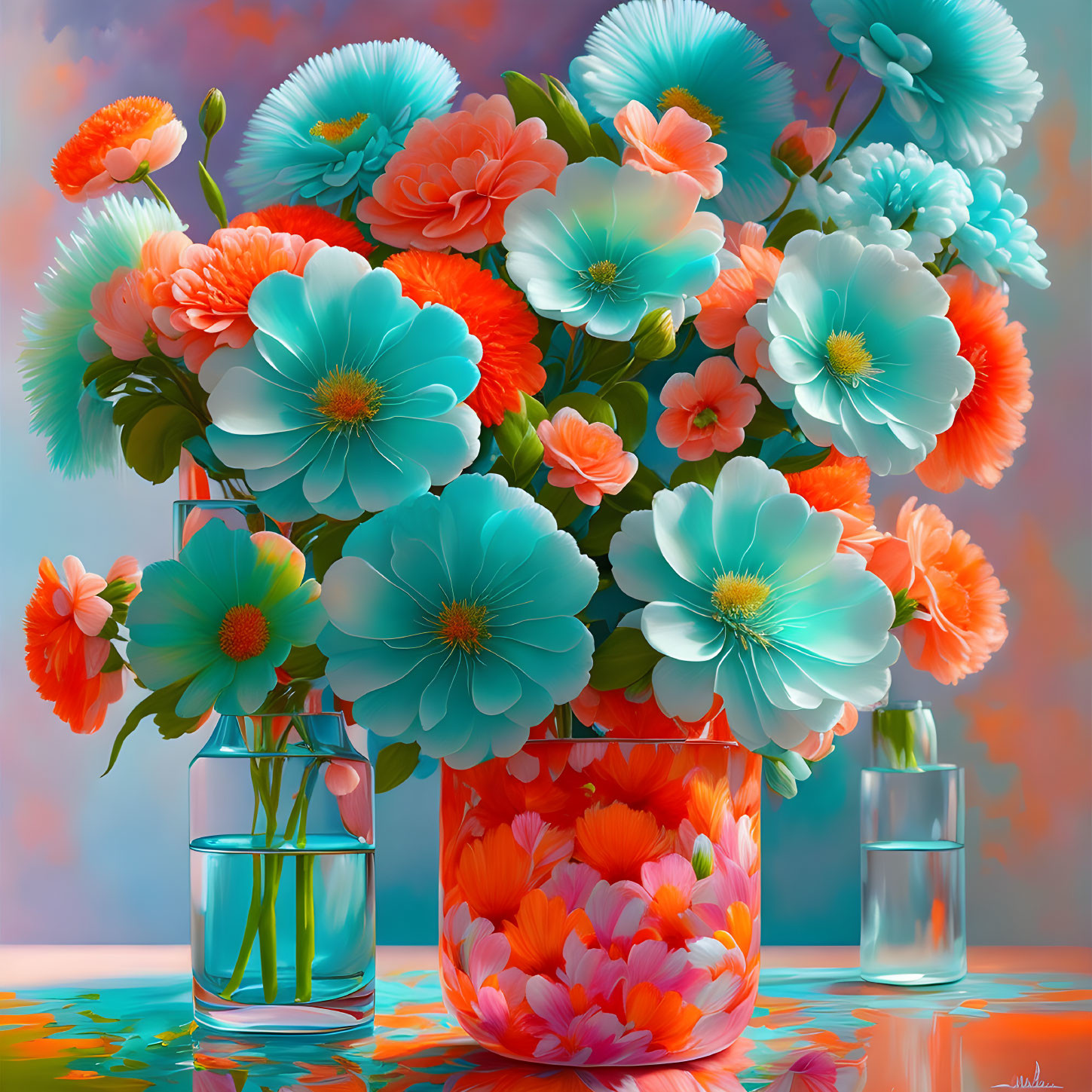 Colorful Still Life with Turquoise and Coral Flowers in Vase