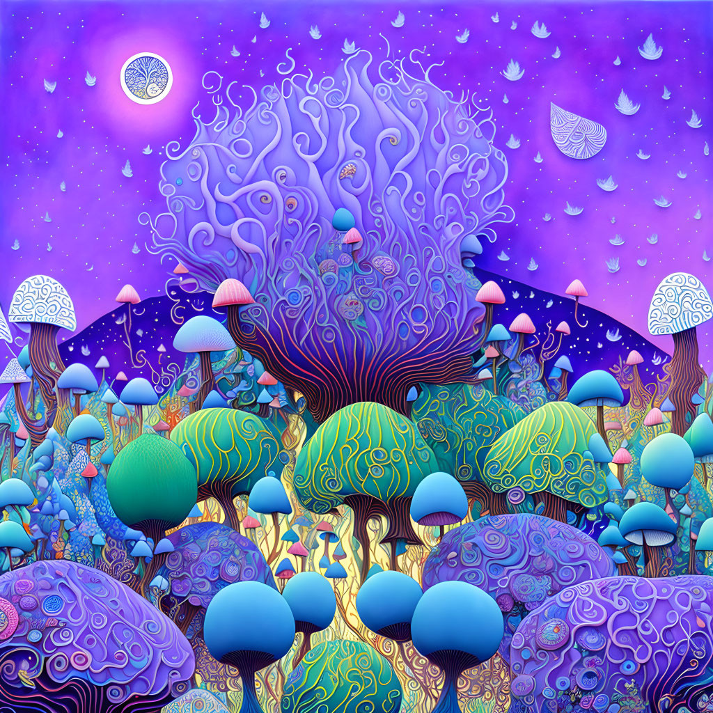 Colorful Psychedelic Landscape with Trees and Mushrooms under Starry Sky