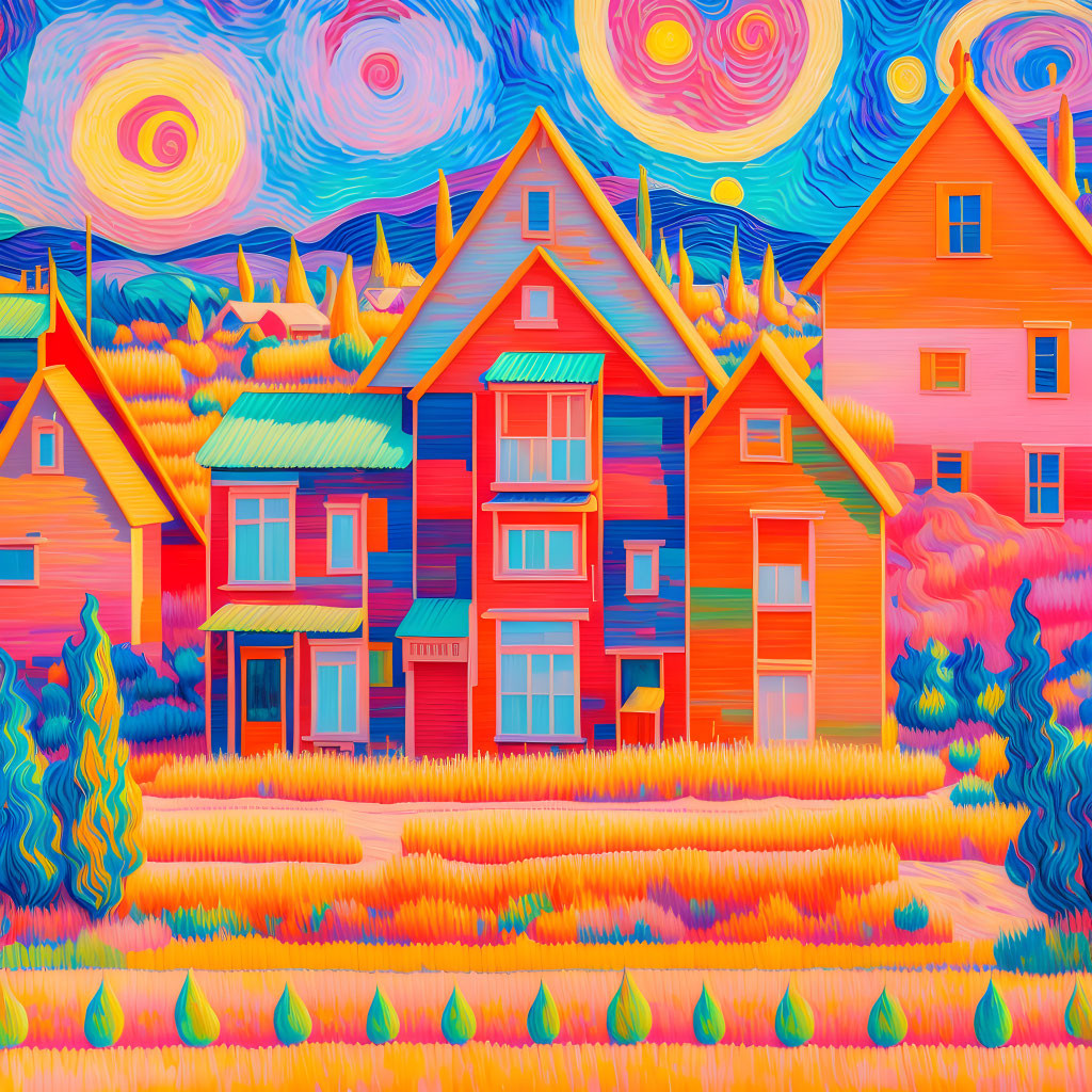 Colorful Houses in Swirling Sky on Psychedelic Landscape