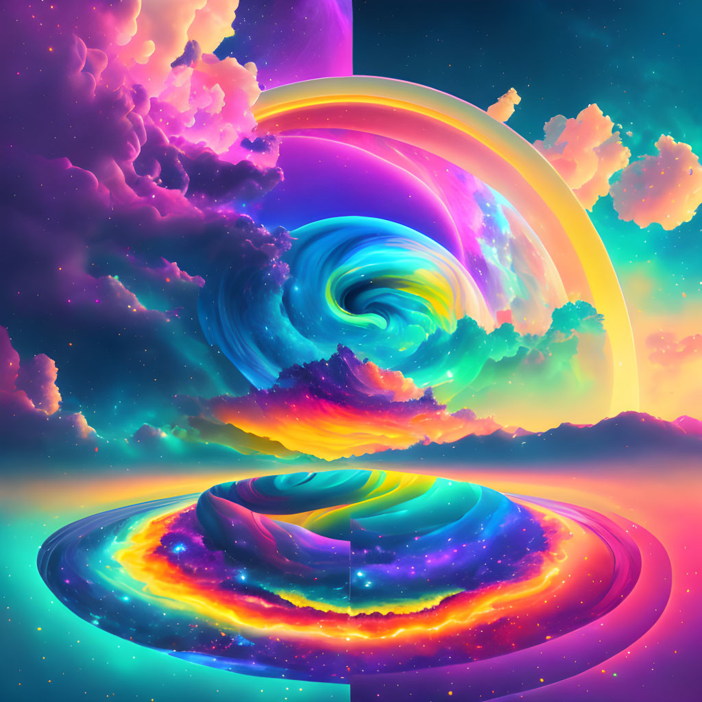 Surreal cosmic digital art with swirling galaxies and mirrored landscape