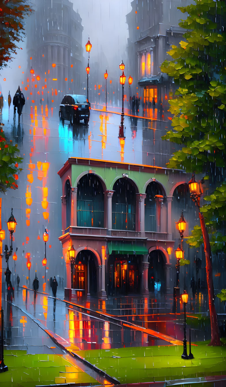 Rainy cityscape with reflections, street lamps, trees, vehicles, and pedestrians.