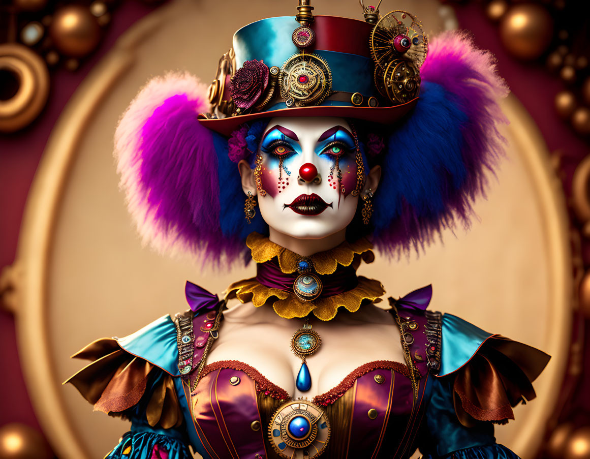 Colorful Steampunk Clown Costume Portrait with Gears Background