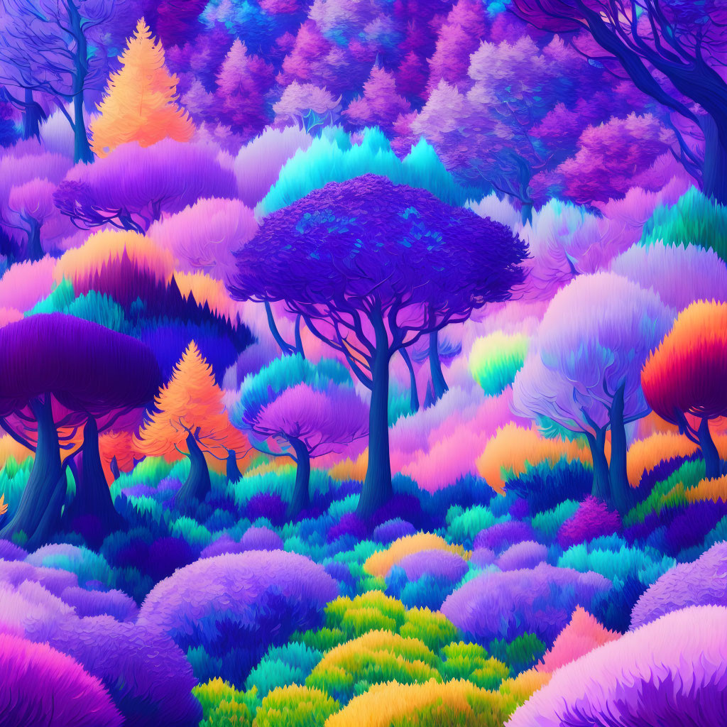 Colorful Forest with Purple, Blue, Orange, and Pink Trees