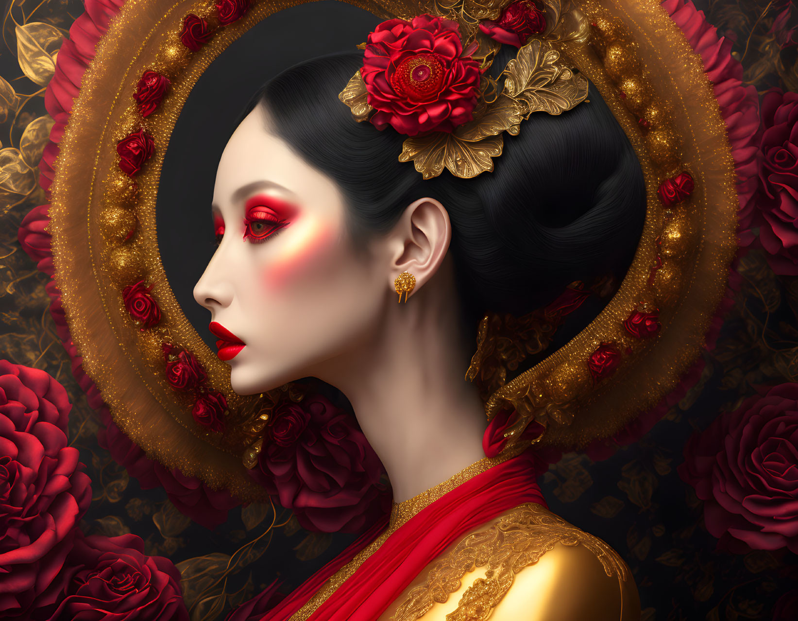 Traditional hairstyle woman adorned with red flowers and gold jewelry against rose background