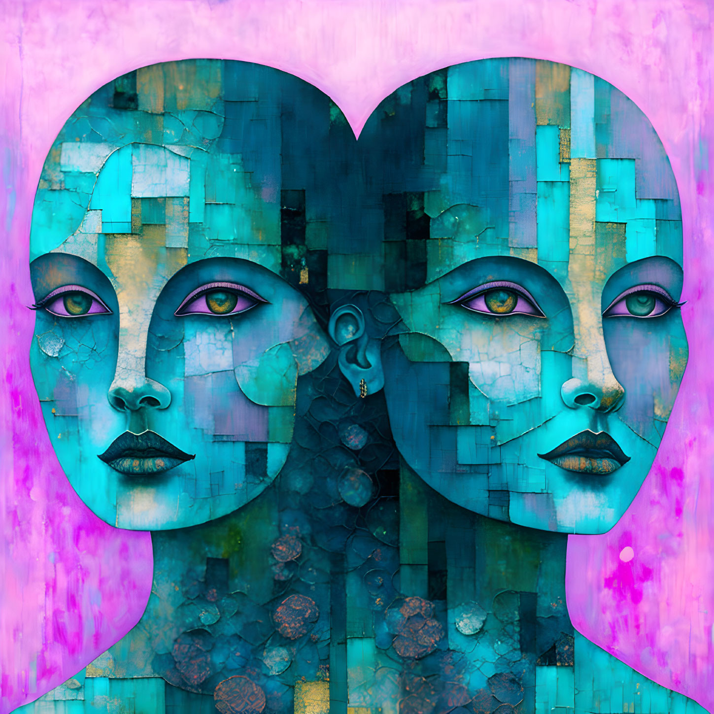 Stylized female faces in heart shape with turquoise and purple-pink mosaic