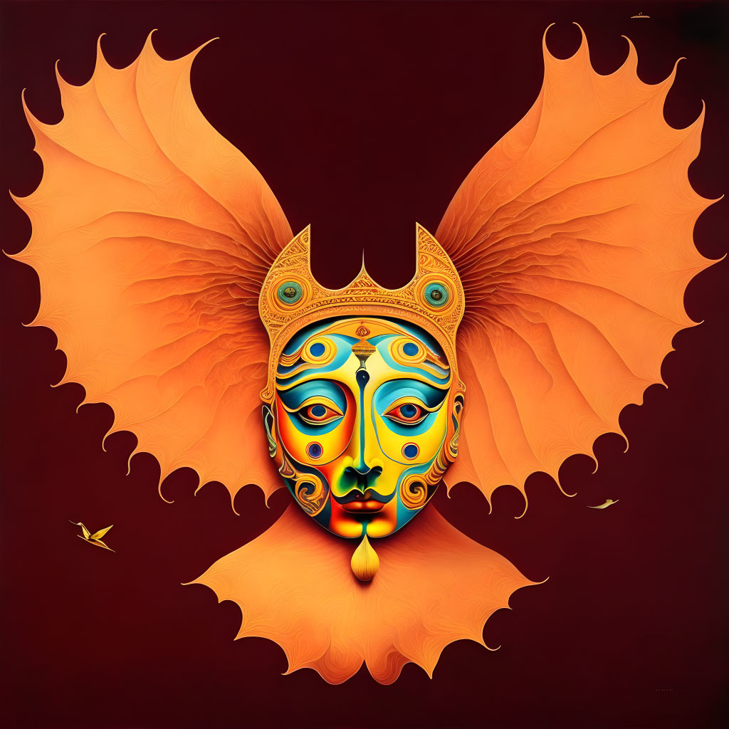 Colorful ornate face with bird on red background