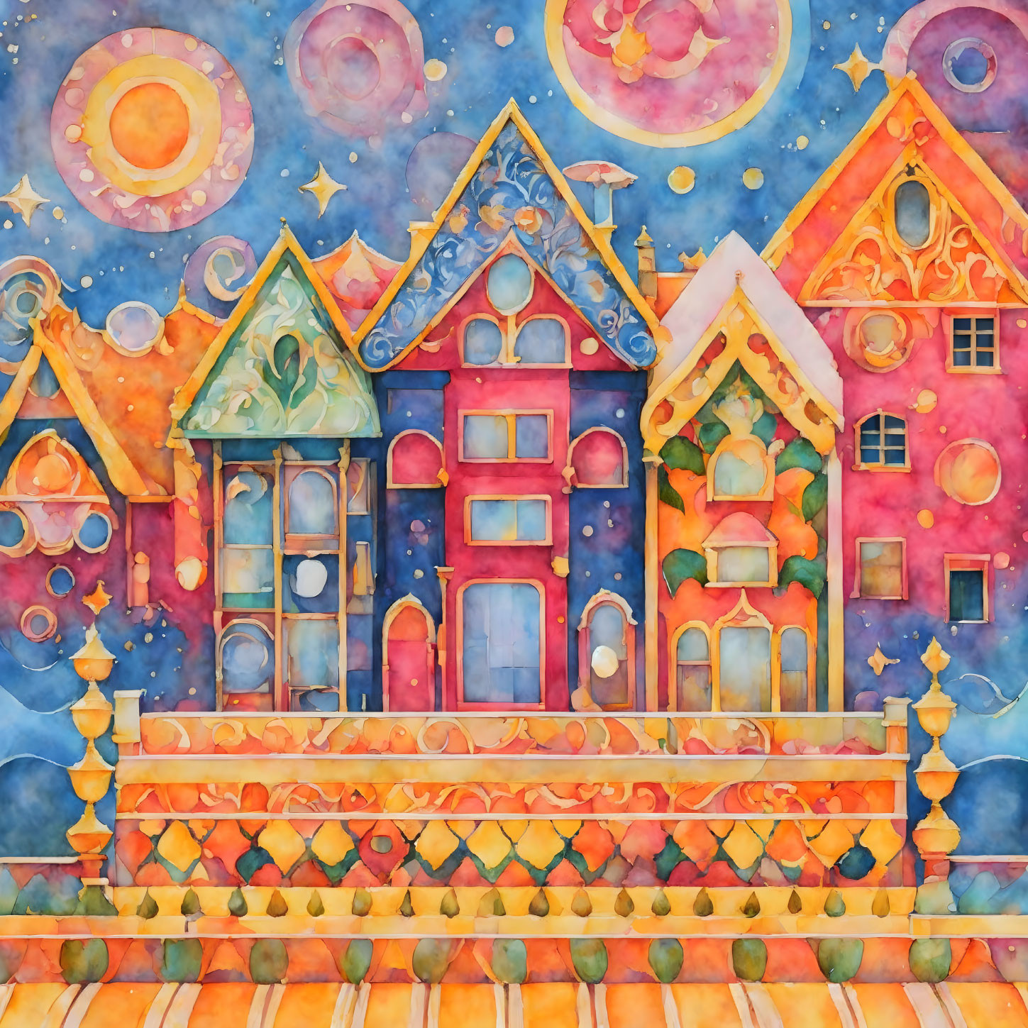 Whimsical painting of three colorful houses under a dreamy sky