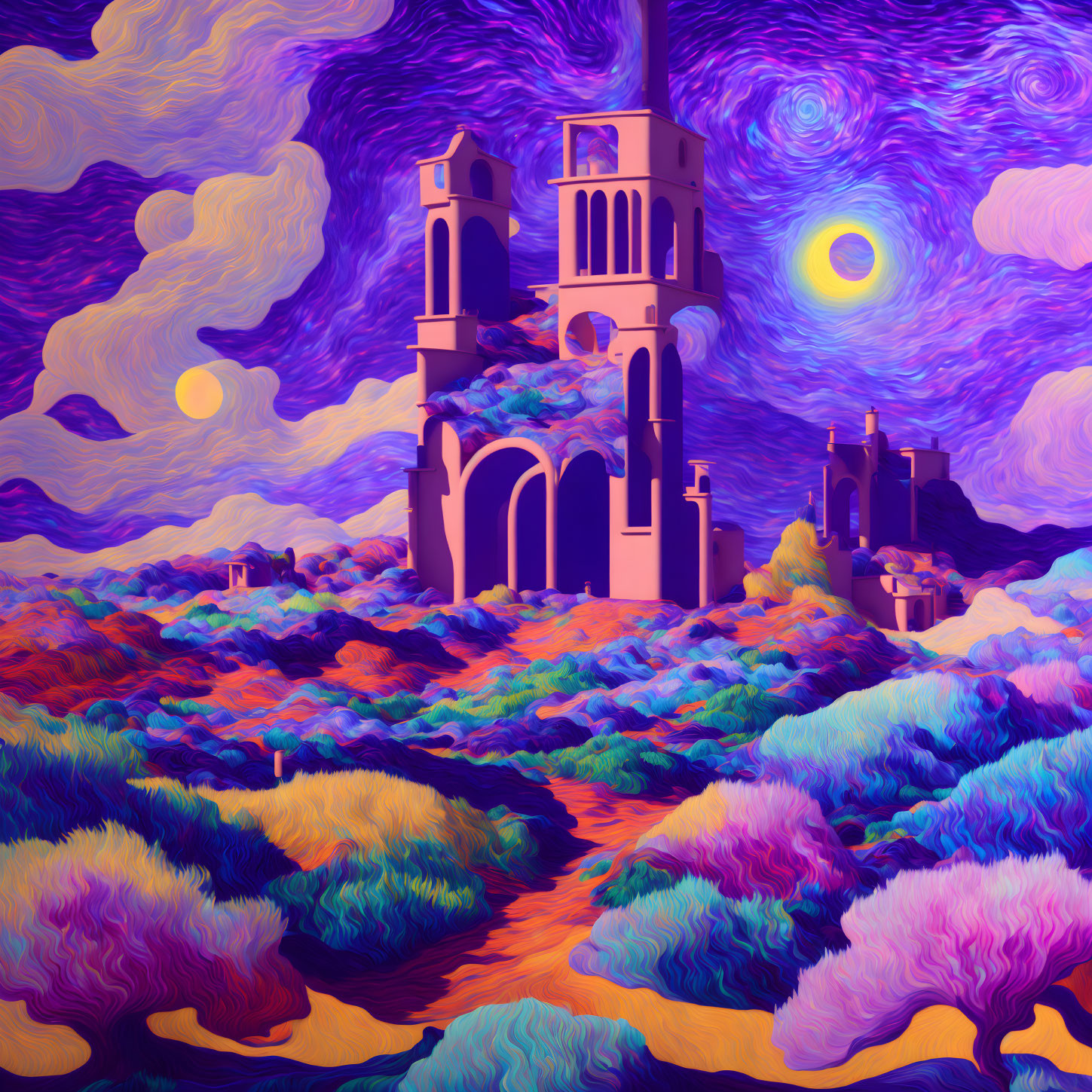 Colorful Tower in Swirling Sky Digital Artwork