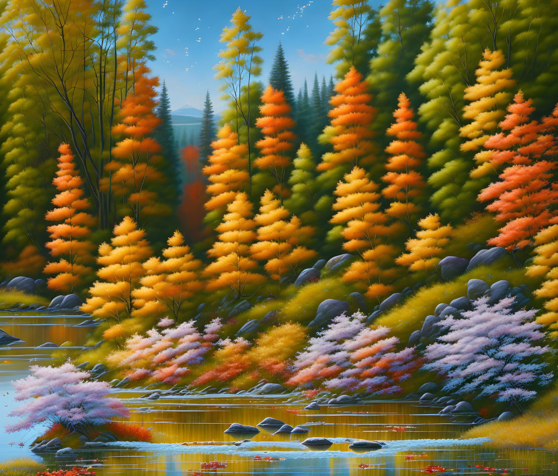 Colorful autumn forest painting with river and sunbeams