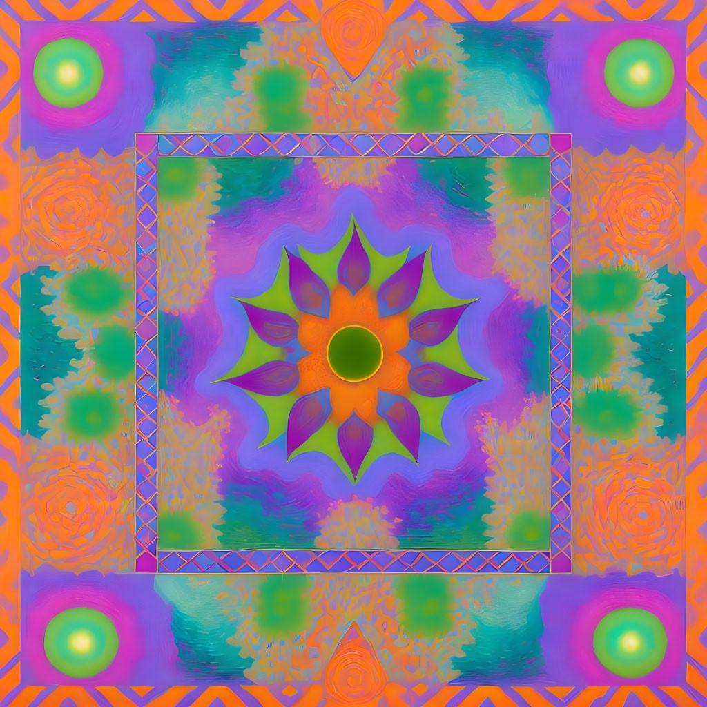 Colorful symmetrical digital mandala with central orange circle and floral motifs