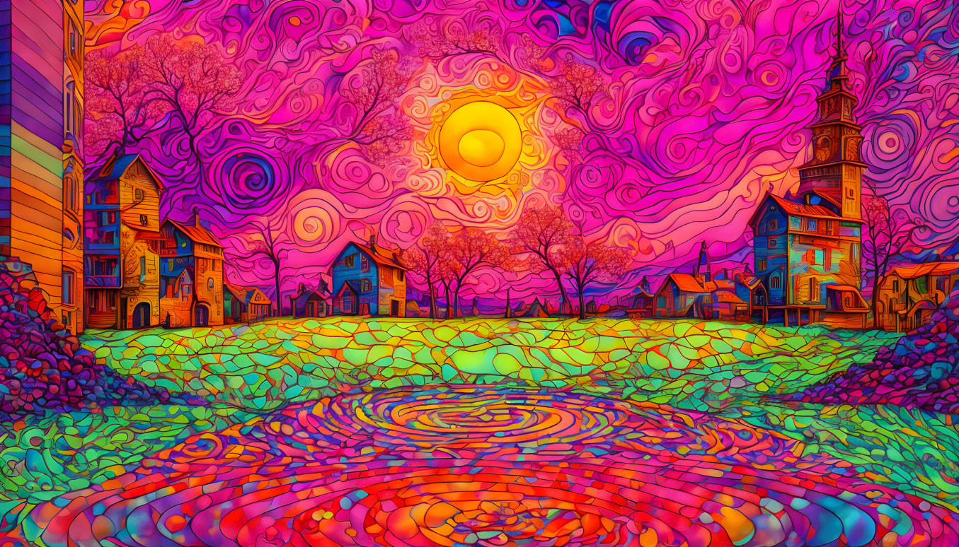 Colorful Psychedelic Landscape with Swirling Skies and Radiant Sun