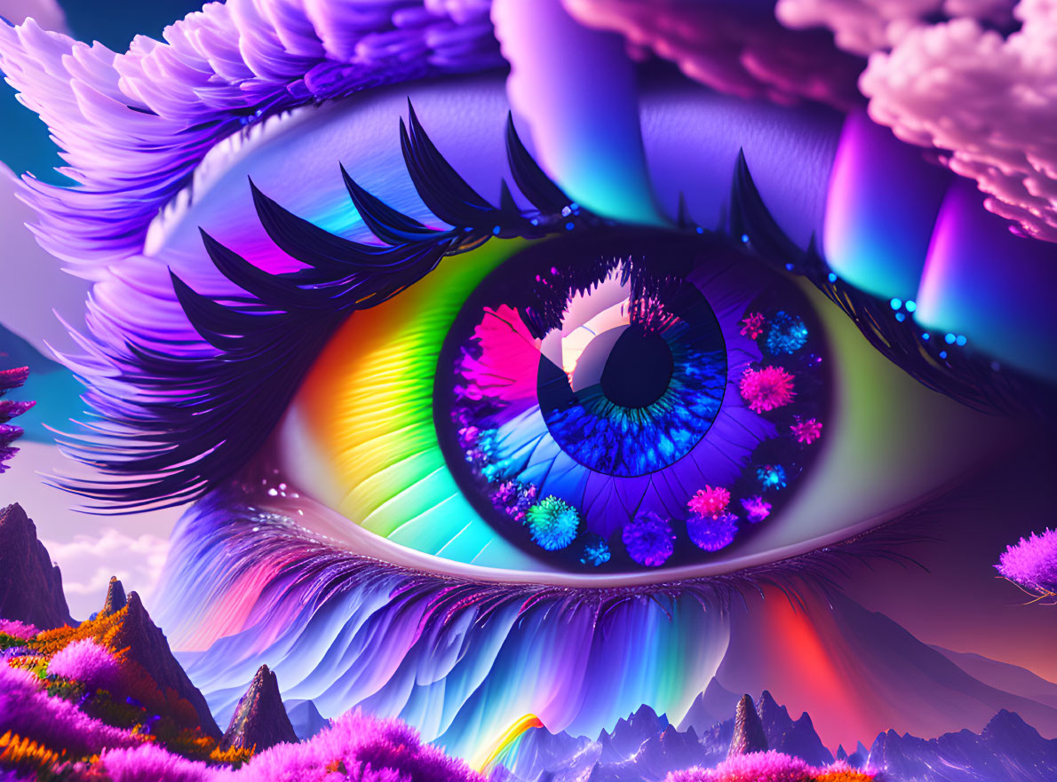 Colorful Eye Overlaid on Vibrant Surreal Landscape with Rainbow Hues