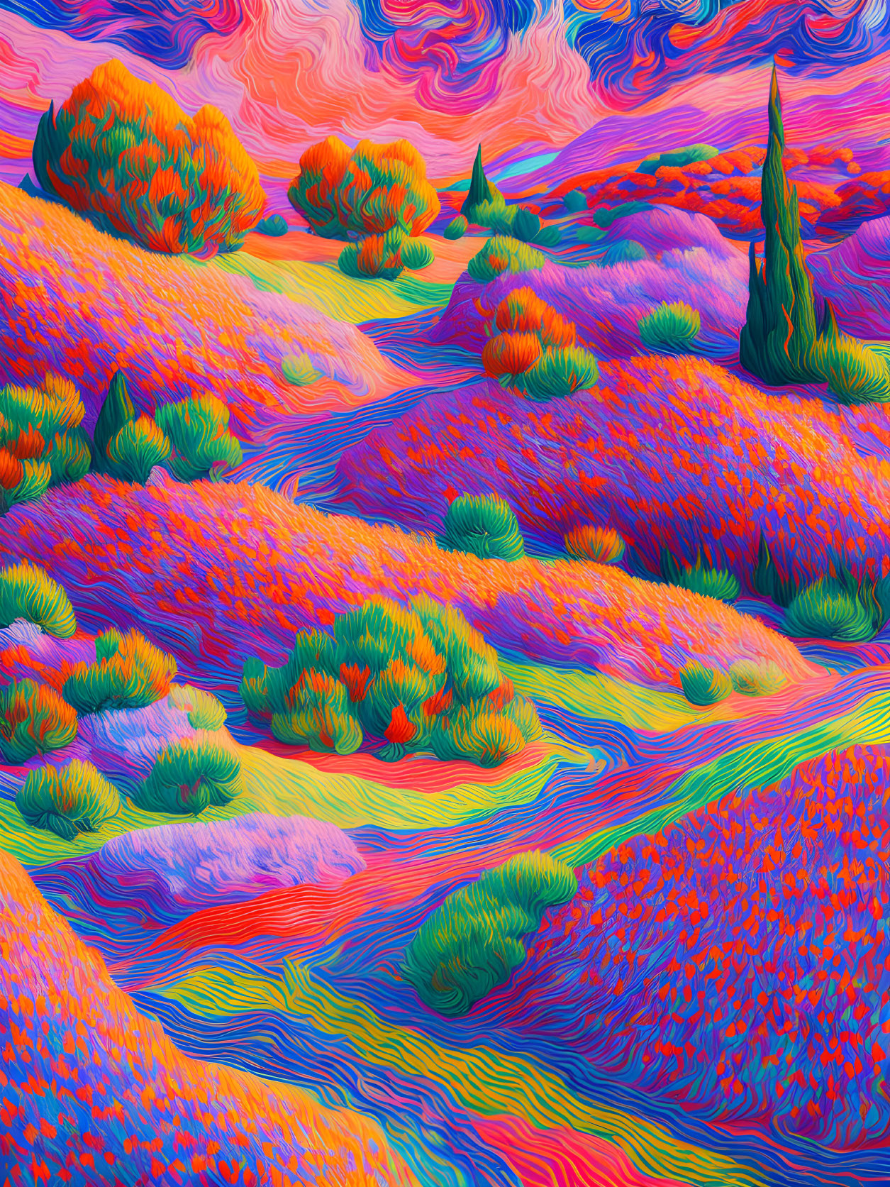 Colorful Psychedelic Landscape with Swirling Patterns and Stylized Flora