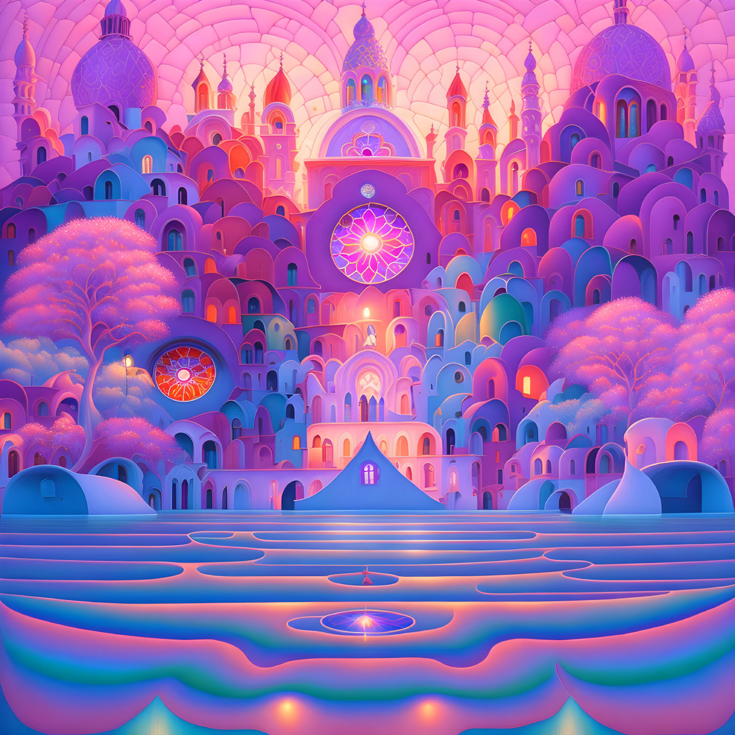 Vibrant fantasy landscape with pink and purple architecture and stylized trees