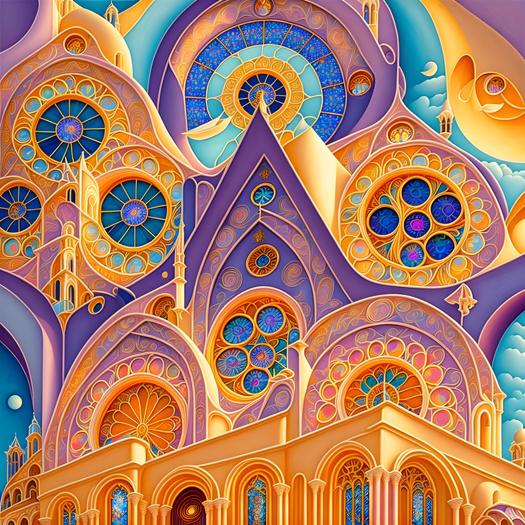 Colorful surreal cathedral illustration with intricate patterns & stained glass windows