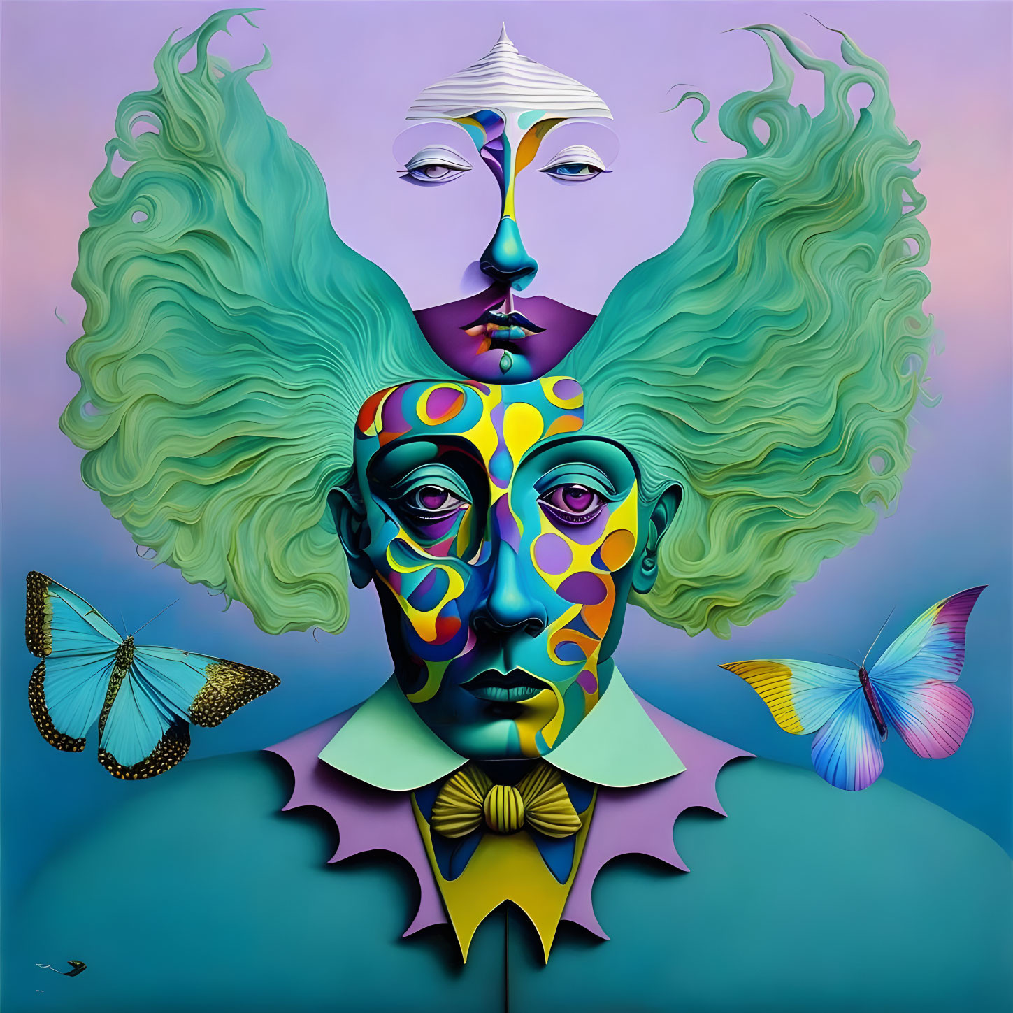 Surreal portrait with two faces and butterflies on pastel background