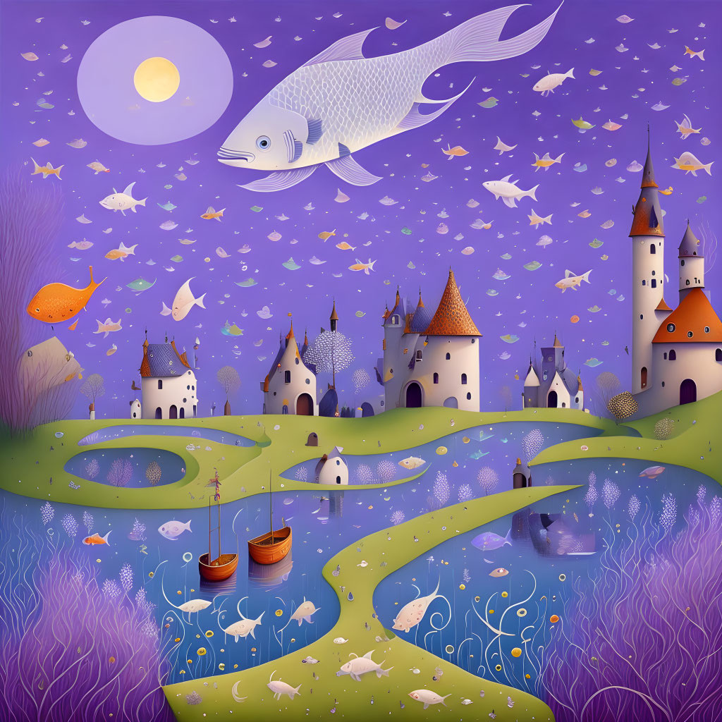 Surreal Flying Fish Illustration Over Whimsical Purple Landscape