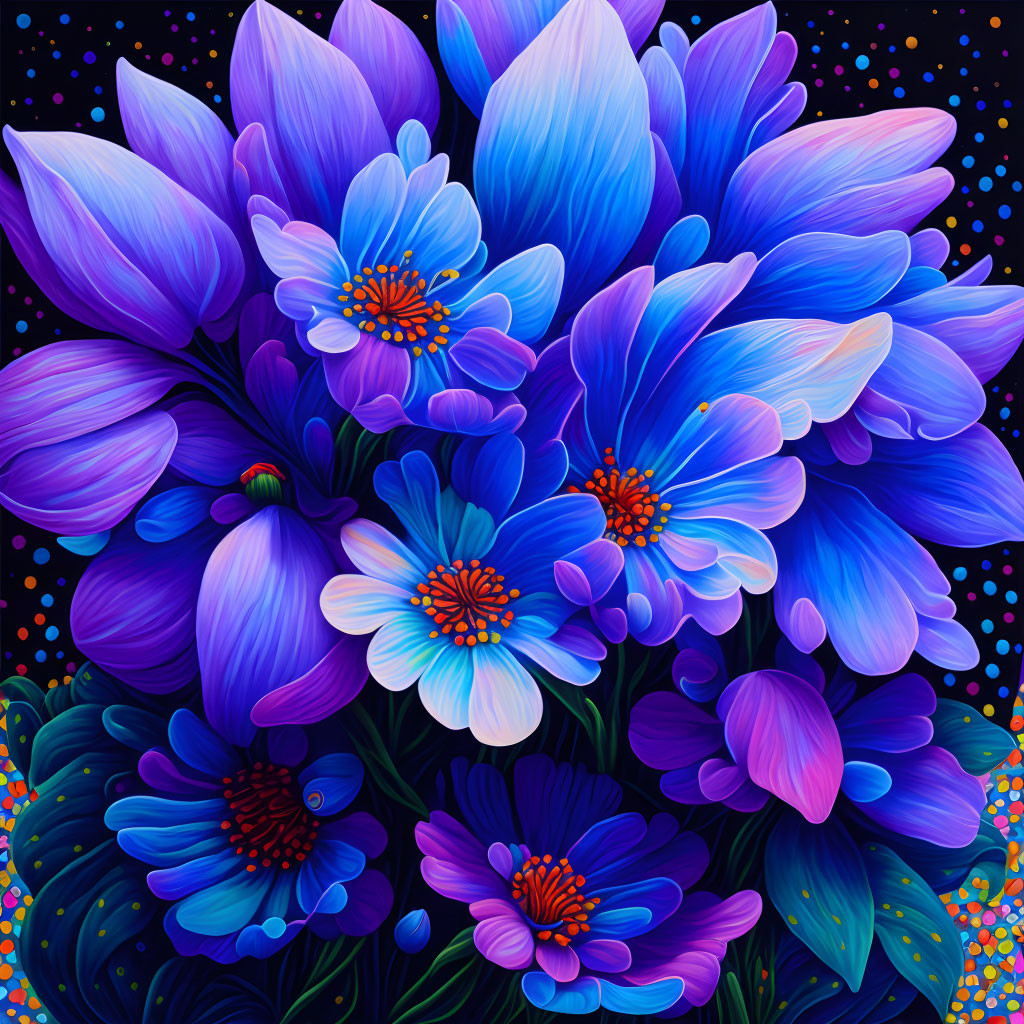 Colorful Blue and Purple Flower Bouquet on Dark Speckled Background