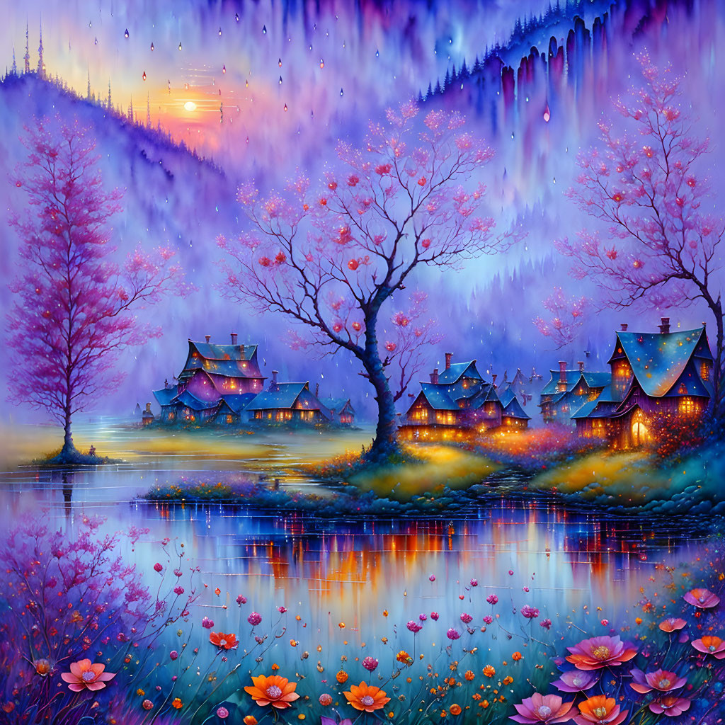 Colorful fantasy landscape with illuminated cottages, lake, blossoming trees, twilight sky