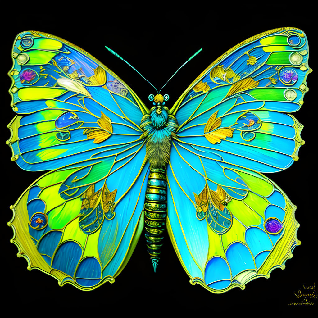 Colorful Butterfly Artwork with Blue and Gold Details