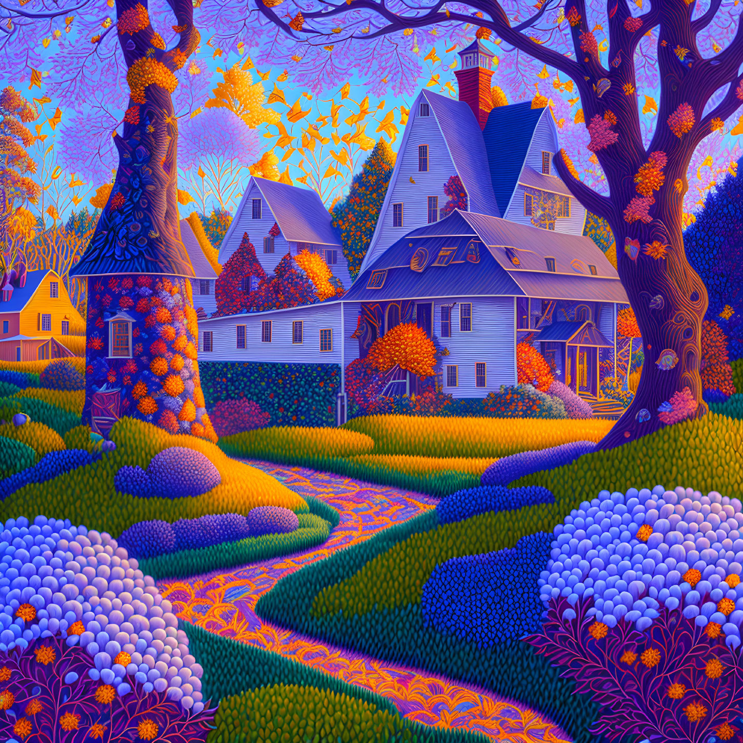 Colorful surreal landscape with whimsical house and vibrant trees under purple sky