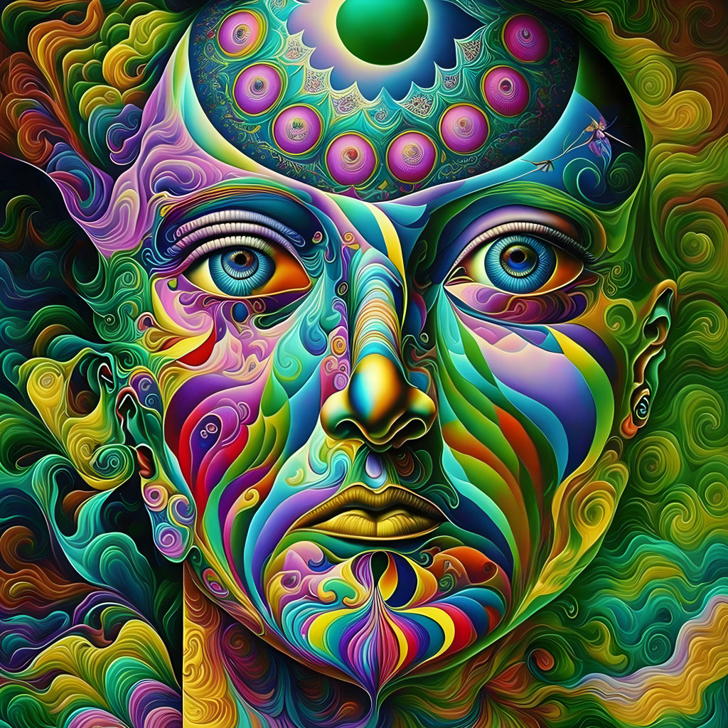 Colorful Psychedelic Portrait with Swirling Patterns and Multiple Eyes