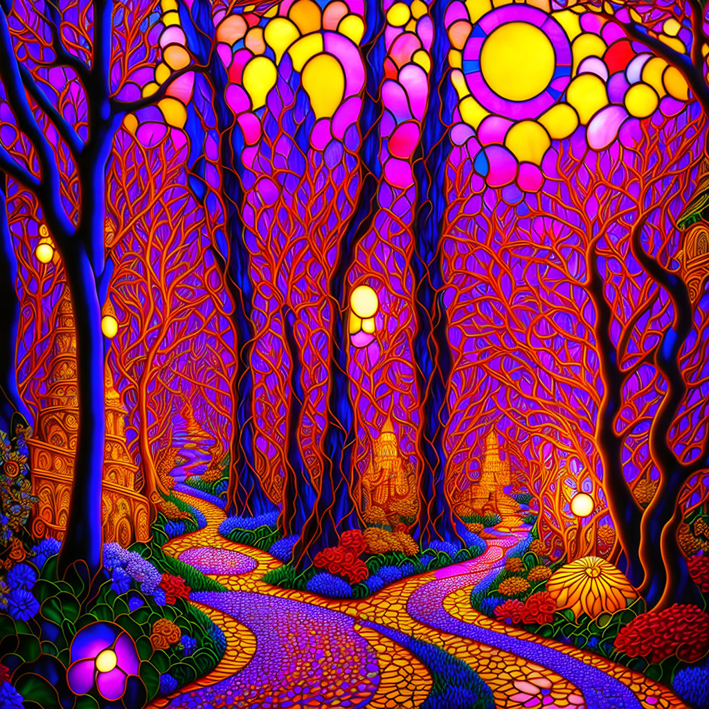 Psychedelic forest scene with glowing path and yellow moon