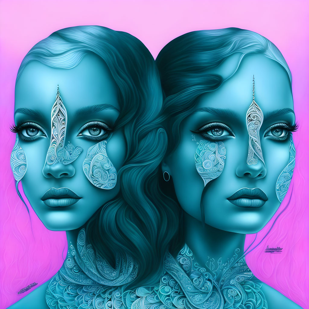 Symmetrical facial tattoos on twin women in front of pink backdrop