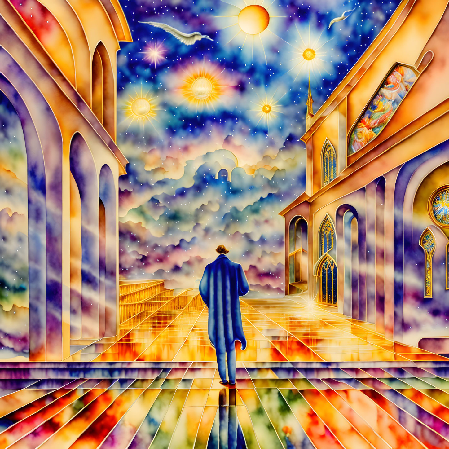 Person in Blue Coat in Surreal, Colorful Corridor with Celestial Theme